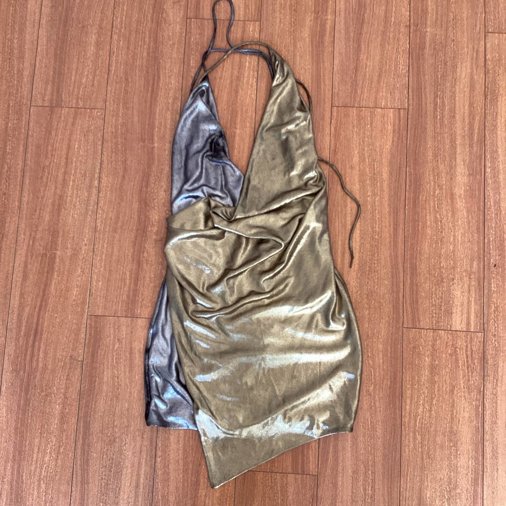House of CB Davina Silver Gold Drape Halter Mini Dress XS